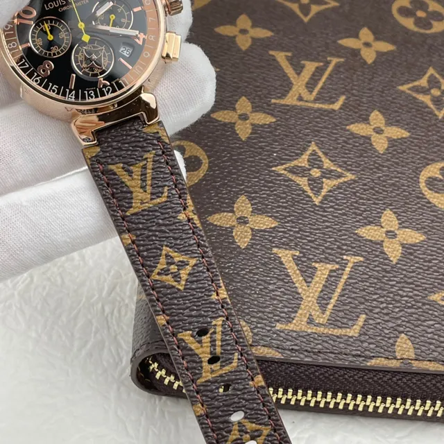 Louis Vuitton Tambour Chronograph काला डायल Rose Gold केस मोनोग्राम स्ट्रैप यांत्रिक घड़ी 4