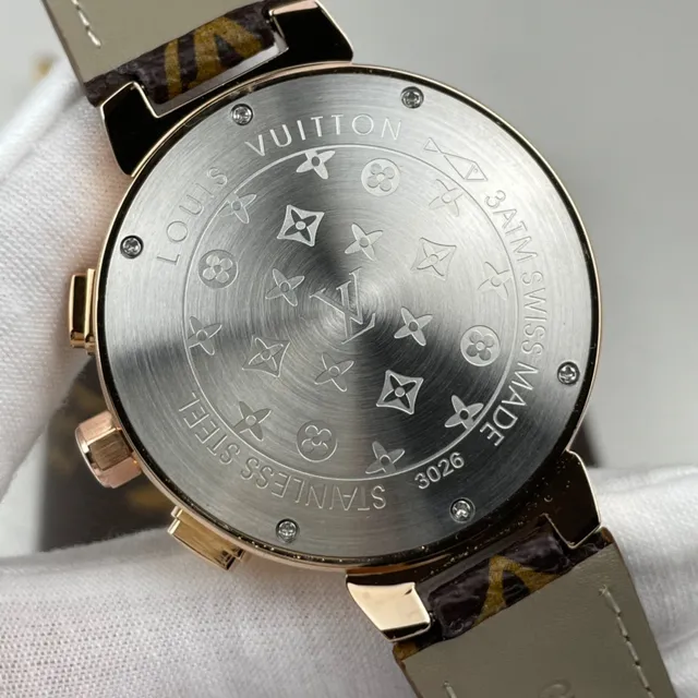 Louis Vuitton Tambour Chronograph काला डायल Rose Gold केस मोनोग्राम स्ट्रैप यांत्रिक घड़ी 5