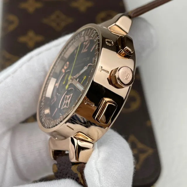 Louis Vuitton Tambour Chronograph काला डायल Rose Gold केस मोनोग्राम स्ट्रैप यांत्रिक घड़ी 6