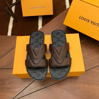 Louis Vuitton V-Strap Slipper Brown Black Monogram-Embossed Rubber Sole Slippers