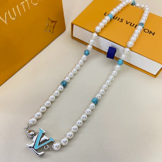 Louis Vuitton White Blue Pearl Strand Turquoise Accent Beads Necklace 6