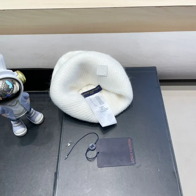 Louis Vuitton Branco Cinza Tricô Acanalado Punho Dobrado Beanie 2