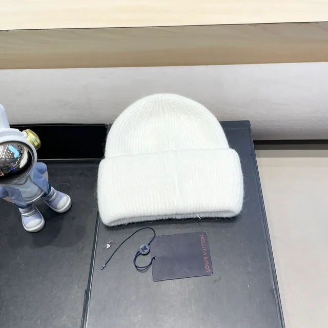 Louis Vuitton Branco Cinza Tricô Acanalado Punho Dobrado Beanie 4