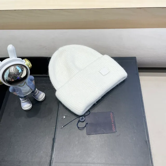 Louis Vuitton Branco Cinza Tricô Acanalado Punho Dobrado Beanie 8