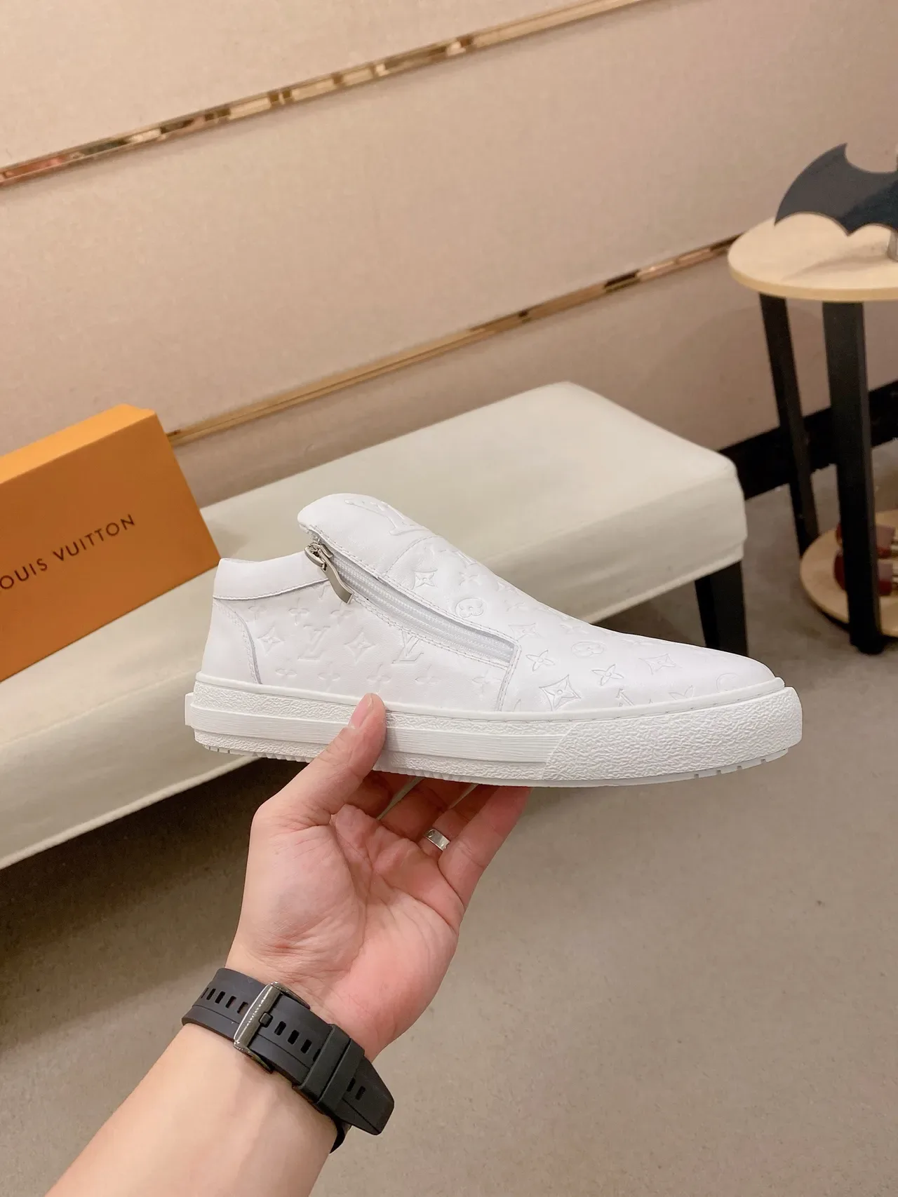 Louis Vuitton White Monogram-Embossed Leather High-Top Slip-On Lifestyle Sneakers 4