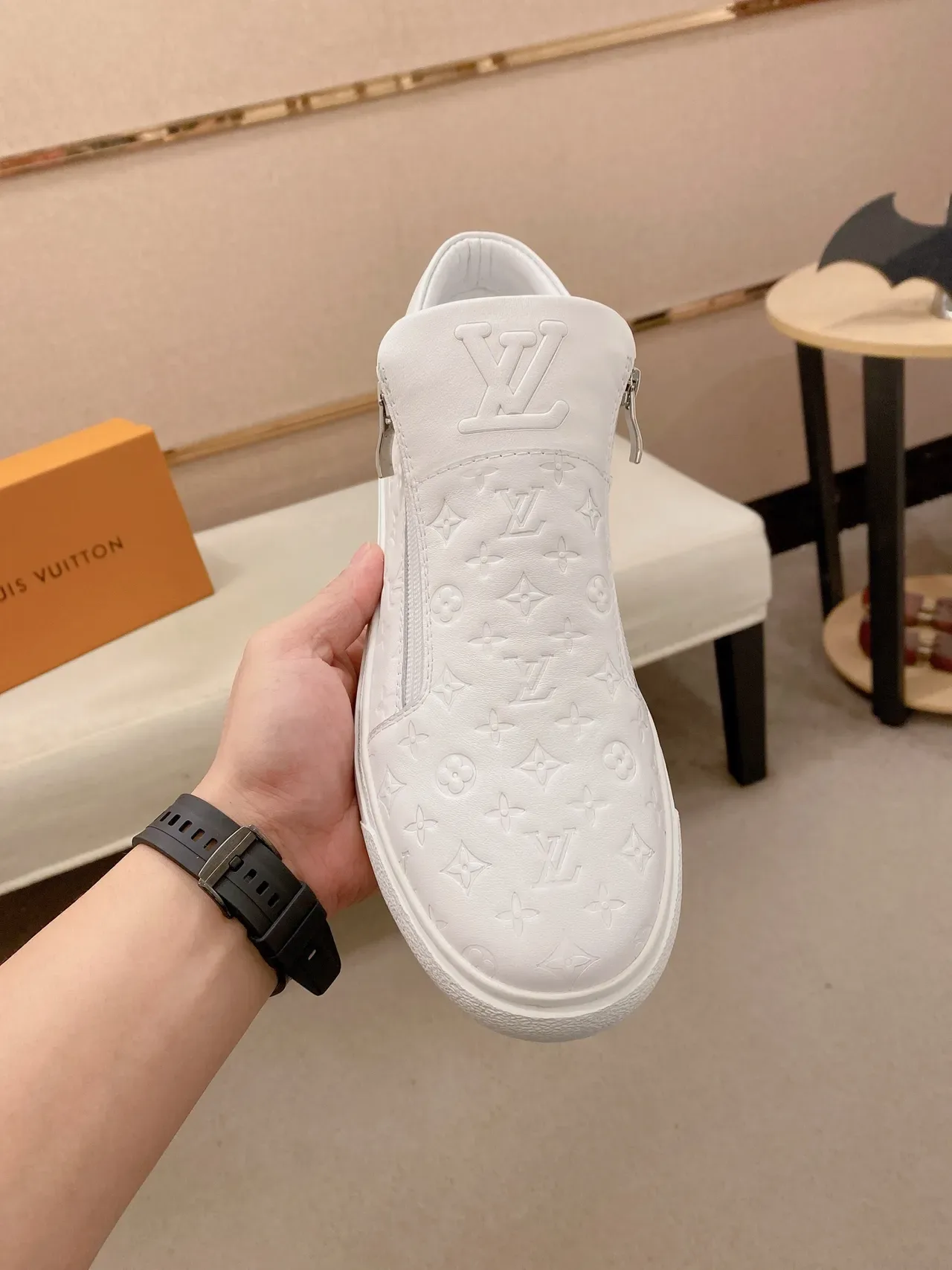 Louis Vuitton White Monogram-Embossed Leather High-Top Slip-On Lifestyle Sneakers 5