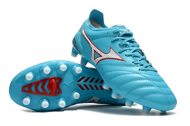 Mizuno Zapatos de fútbol con upper de cuero acolchado azul rojo, acento en logo Wave, suela de tierra firme 4