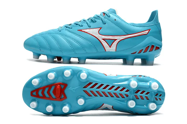 Mizuno Zapatos de fútbol con upper de cuero acolchado azul rojo, acento en logo Wave, suela de tierra firme 6