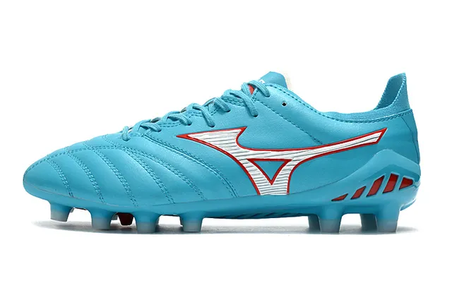 Mizuno Zapatos de fútbol con upper de cuero acolchado azul rojo, acento en logo Wave, suela de tierra firme 7