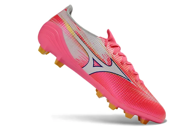 Mizuno গোলাপি সাদা গতি-উদ্দেশ্যমূলক নিট উপরের অংশ গতিশীল গ্রাফিক ওভারলে দৃঢ়-ভূমি ফুটবল জুতা 2
