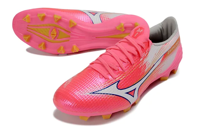 Mizuno গোলাপি সাদা গতি-উদ্দেশ্যমূলক নিট উপরের অংশ গতিশীল গ্রাফিক ওভারলে দৃঢ়-ভূমি ফুটবল জুতা 4