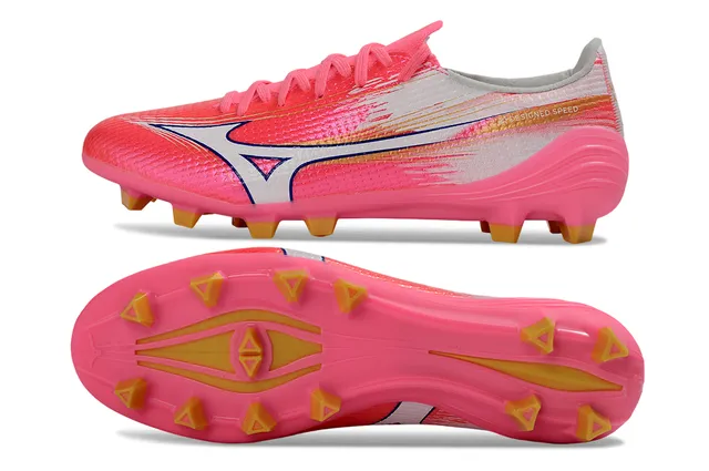 Mizuno গোলাপি সাদা গতি-উদ্দেশ্যমূলক নিট উপরের অংশ গতিশীল গ্রাফিক ওভারলে দৃঢ়-ভূমি ফুটবল জুতা 6