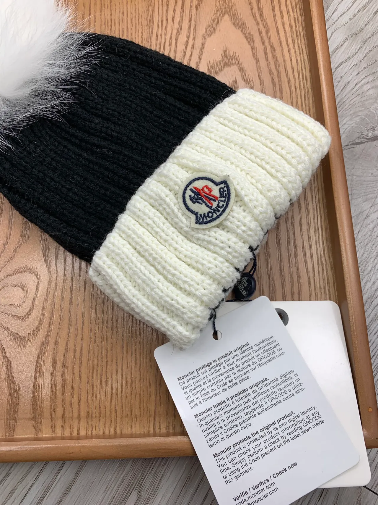 Moncler Black Beige Ribbed Knit Two-Tone Beanie 5