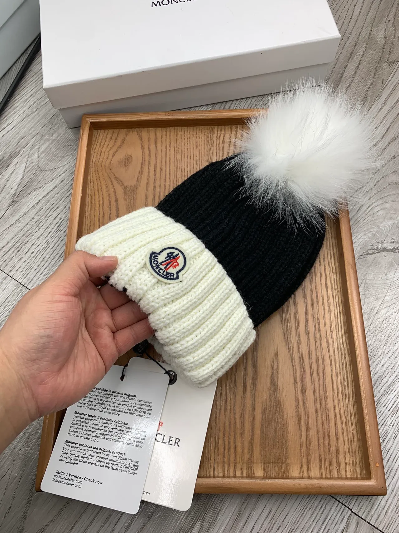 Moncler Black Beige Ribbed Knit Two-Tone Beanie 6