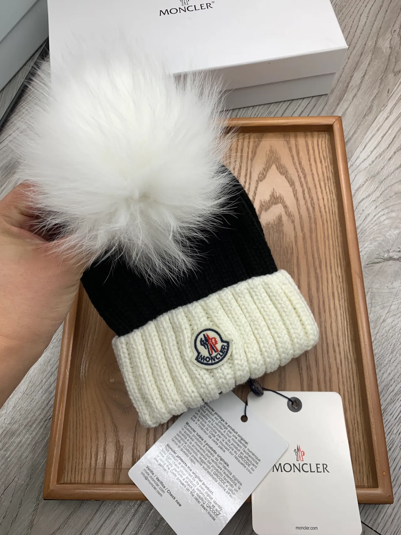 Moncler Black Beige Ribbed Knit Two-Tone Beanie 7