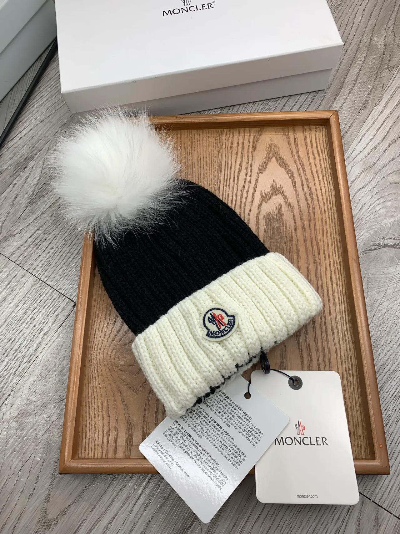 Moncler Black Beige Ribbed Knit Two-Tone Beanie 8