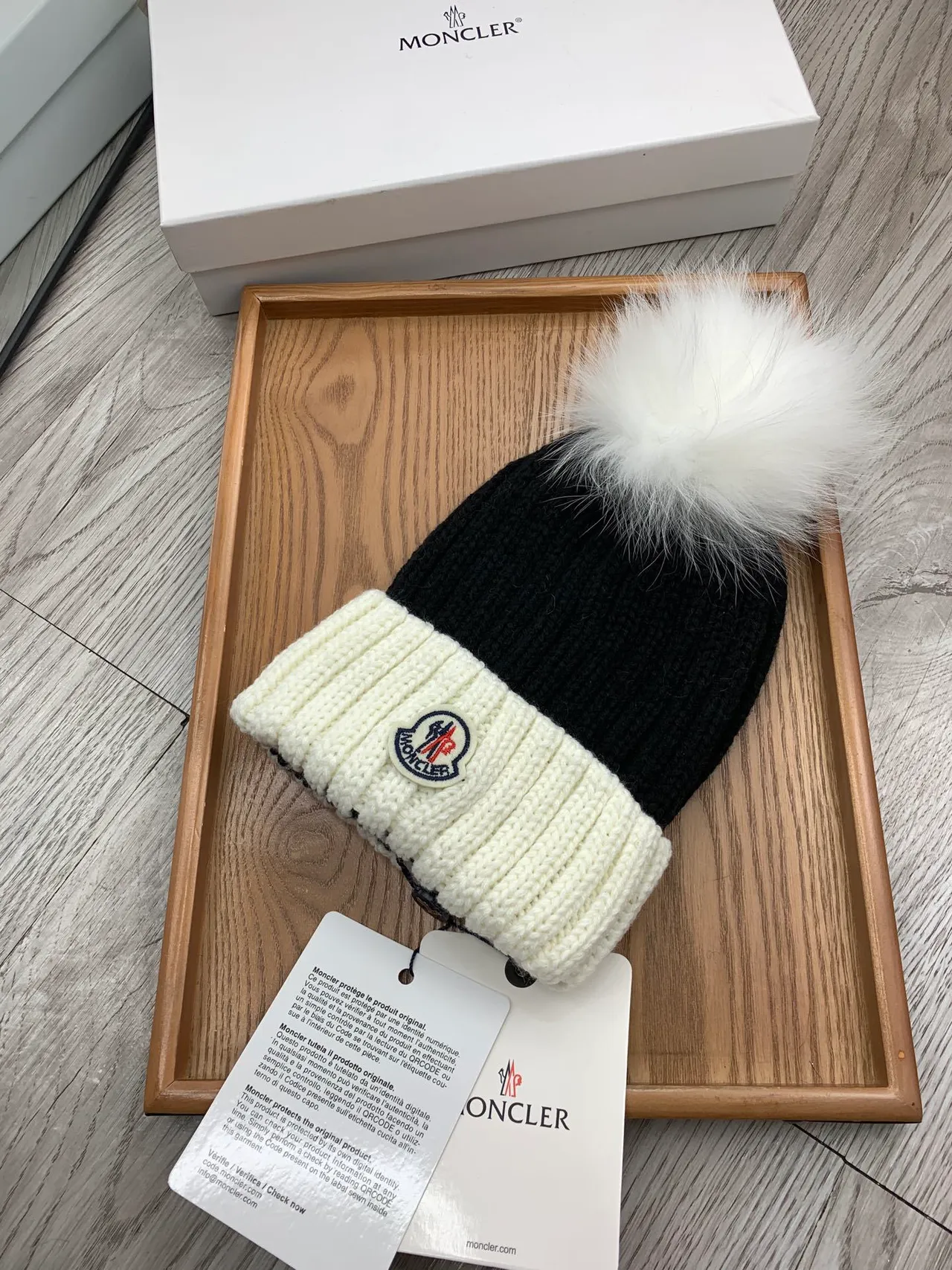 Moncler Black Beige Ribbed Knit Two-Tone Beanie 9