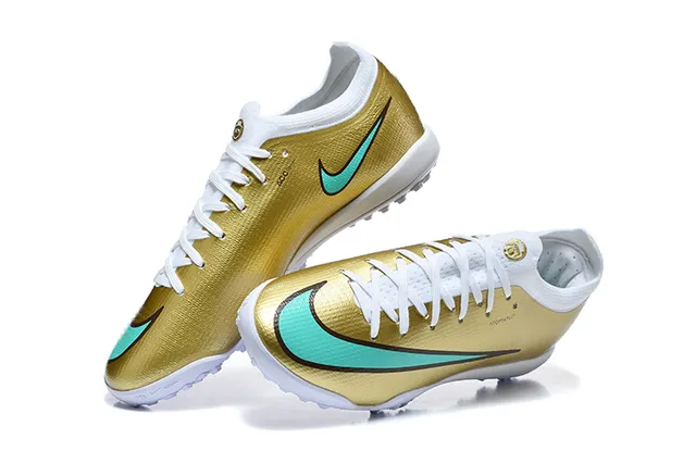 Nike Gold Blue Metallic Synthetic Upper Mint Green Swoosh Accent Turf Soccer Shoes 3