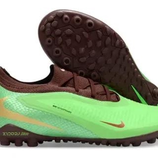 Nike Verde Marrom Tênis de Futebol Turf Low-Cut Superior Sintético Overlay Texturizado com Aspecto de Pele de Serpente
