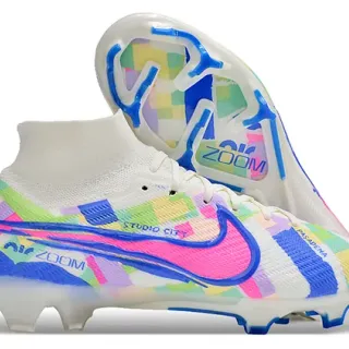 Nike Chaussures de Football Hautes Blanc Multicolore Flyknit Col Impression Géométrique pour Terrain Ferme