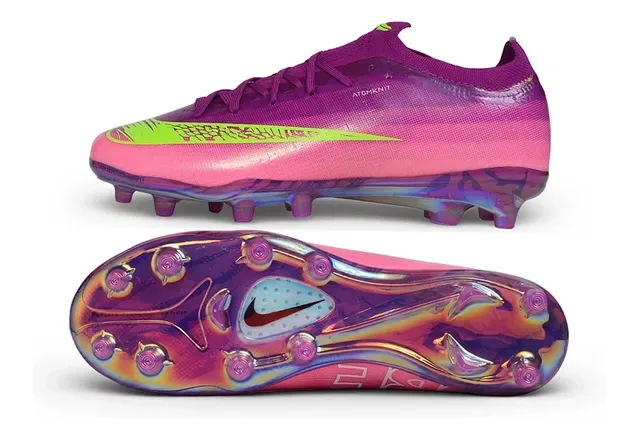 Nike Chuteiras de futebol com upper degradê iridescente rosa e roxo Swoosh neon lima para terreno firme 5