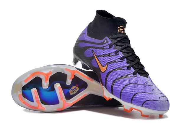 Nike Sapatos de futebol roxo preto gola alta tricô padrão de ondas sobreposições sintéticas terreno firme 4
