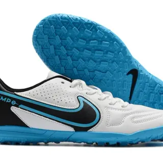 Nike Tiempo Branco e Azul Low-Cut Cadarços Superior Perforado Turf Sapatos de Futebol