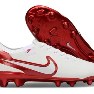 Nike Sapatos de Futebol para Terra Firme Branco e Vermelho Baixo Botina Com Acentos Metálicos Brilhantes