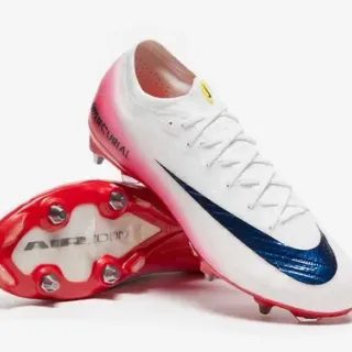 Nike Sapatos de Futebol Brancos e Vermelhos Upper de Malha Baixo Calcanhar Gradient Solo Firme