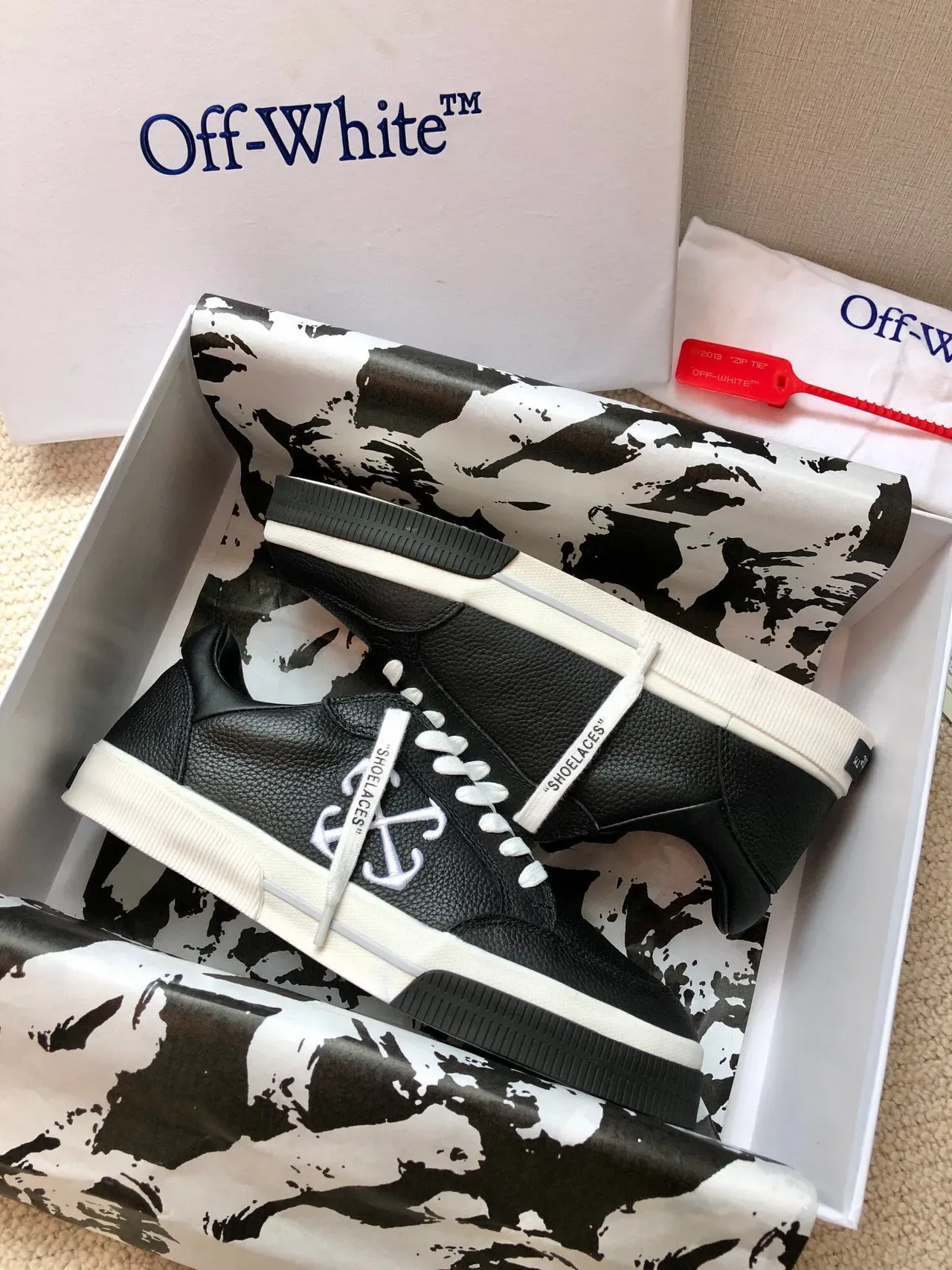 Off-White Black Pebbled Leather Upper Industrial Cross Logo Lifestyle Sneakers 2