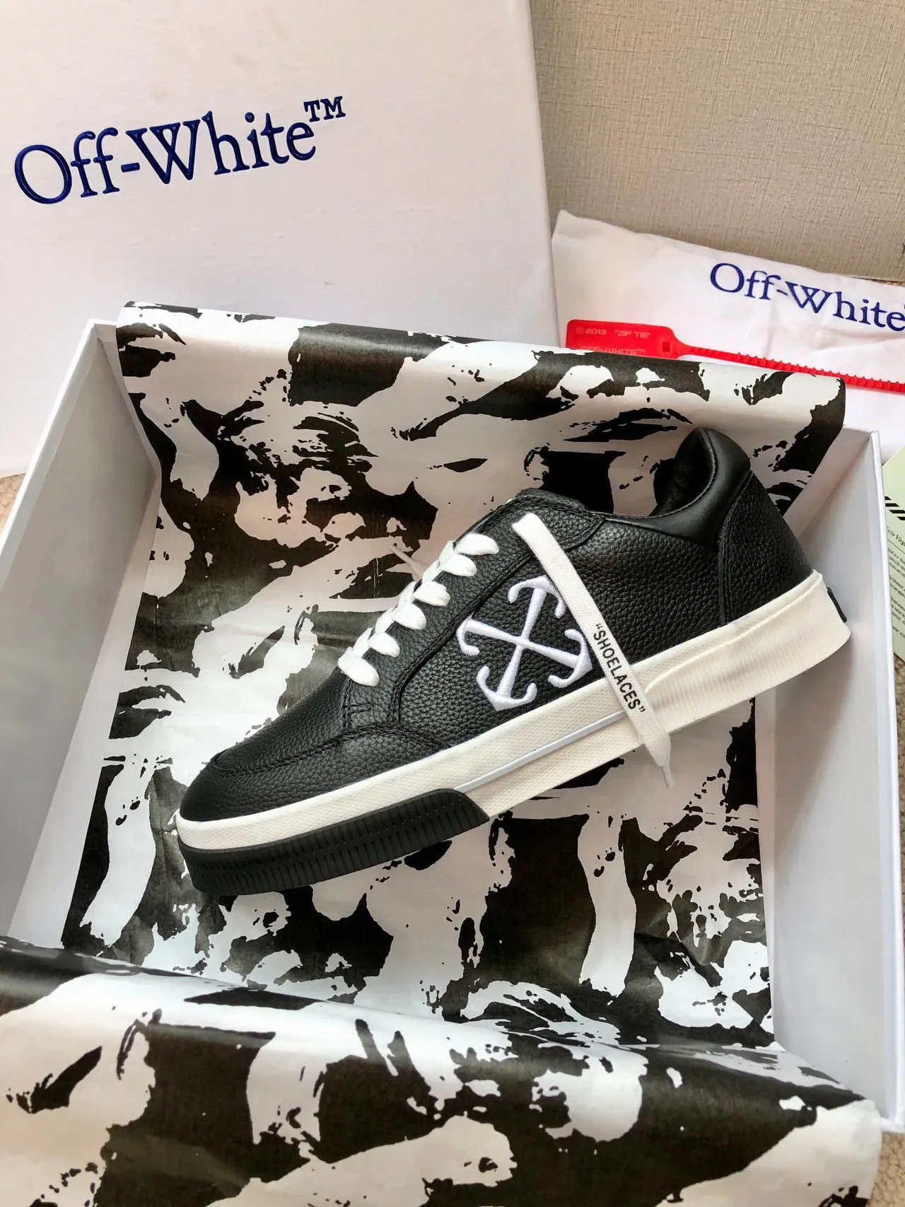 Off-White Black Pebbled Leather Upper Industrial Cross Logo Lifestyle Sneakers 4