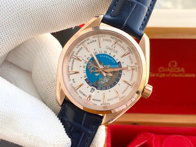 Omega Seamaster Worldtimer গোলাপী সোনা সাদা ডায়াল নীল কুমির স্ট্র্যাপ মেকানিক্যাল ওয়াচ 5