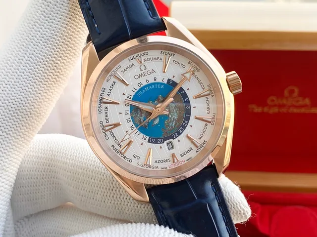 Omega Seamaster Worldtimer গোলাপী সোনা সাদা ডায়াল নীল কুমির স্ট্র্যাপ মেকানিক্যাল ওয়াচ 6