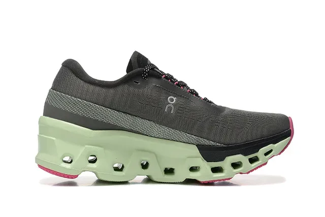 On Cloudmonster Cinza Verde Malha Engenhada Parte Superior Aberta Hexagonal CloudTec Solado Meio Tênis de Corrida 4
