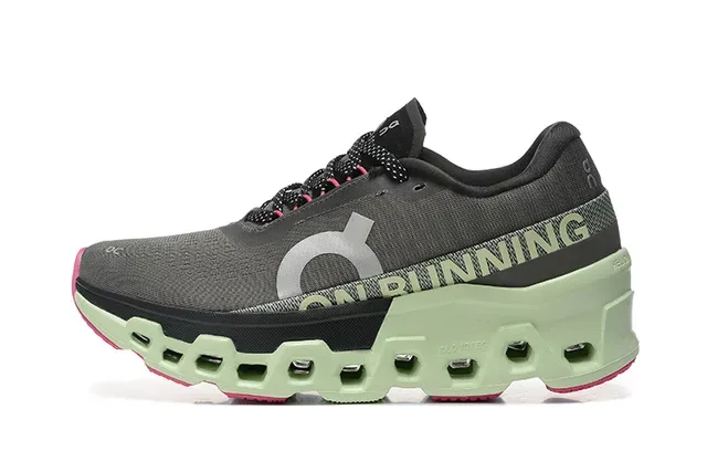 On Cloudmonster Cinza Verde Malha Engenhada Parte Superior Aberta Hexagonal CloudTec Solado Meio Tênis de Corrida 5