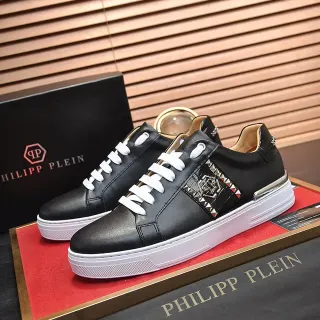 Philipp Plein Black Leather Studded Logo Sneakers