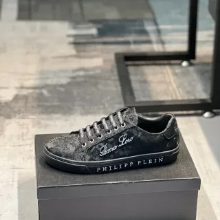 Philipp Plein काला चांदी क्रैकल-टेक्स्चर्ड चमड़ा ऊपरी एम्बॉस्ड ब्रांड मिडसोल जीवनशैली स्नीकर