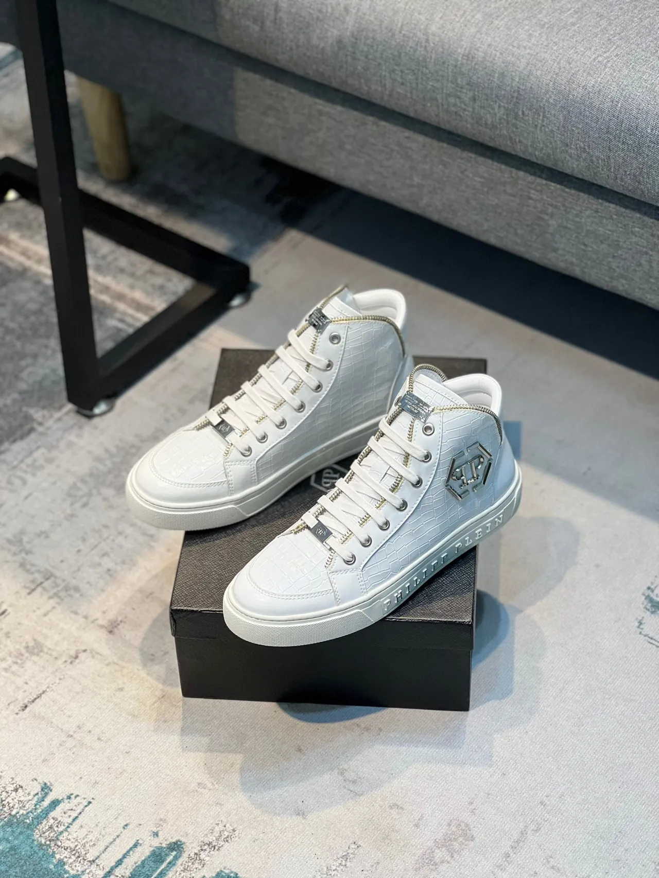 Philipp Plein 高帮鳄鱼压纹白色生活方式运动鞋 8