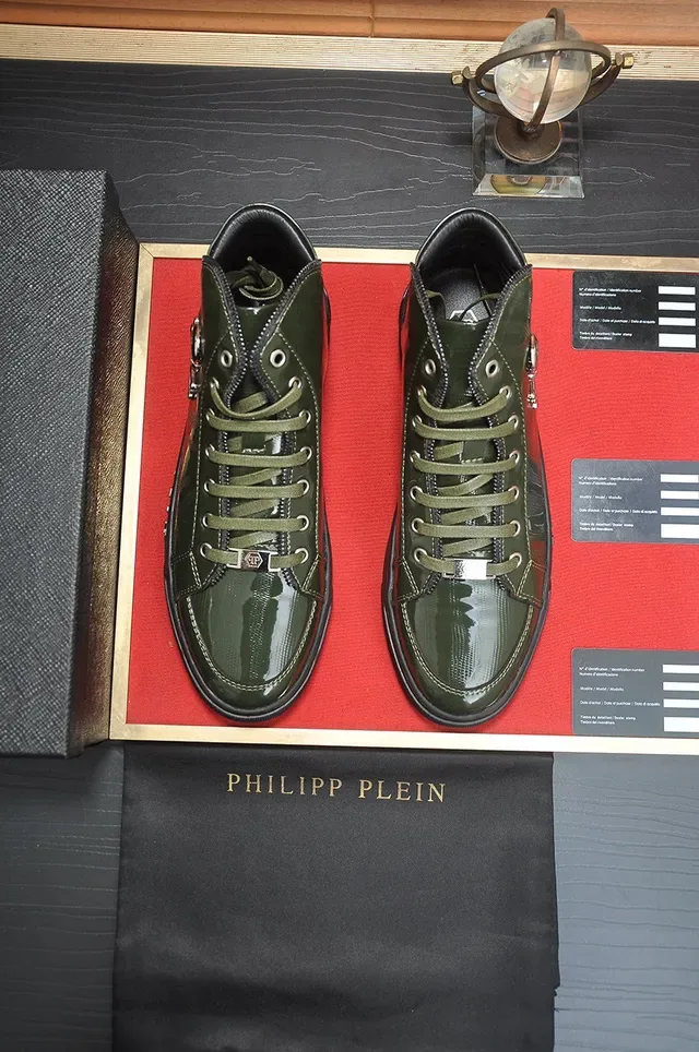 Philipp Plein হাই টপ স্নিকার্স আর্মি গ্রিন কালো গ্লসি প্যাটেন্ট লেদার লাইফস্টাইল স্নিকার্স 2