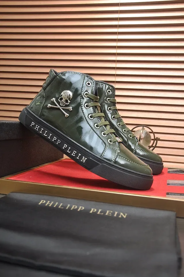 Philipp Plein হাই টপ স্নিকার্স আর্মি গ্রিন কালো গ্লসি প্যাটেন্ট লেদার লাইফস্টাইল স্নিকার্স 3