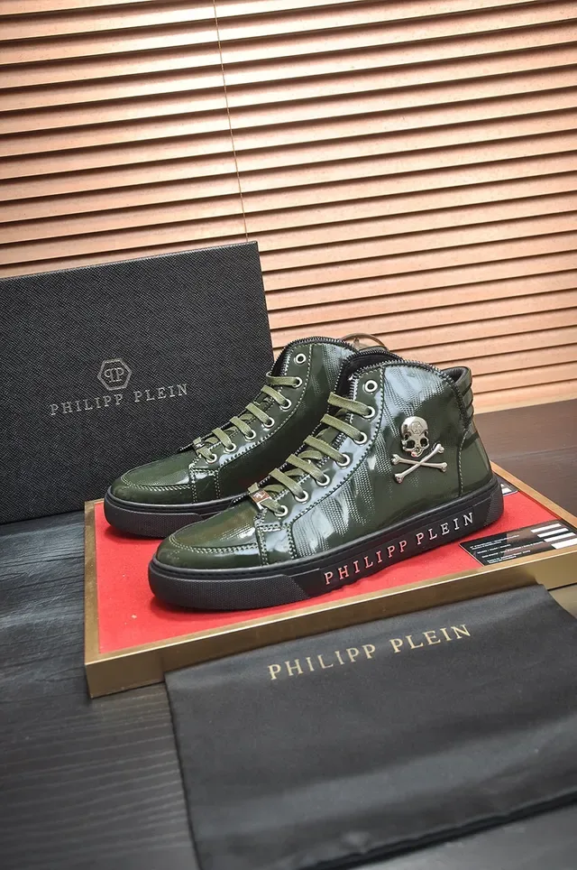 Philipp Plein হাই টপ স্নিকার্স আর্মি গ্রিন কালো গ্লসি প্যাটেন্ট লেদার লাইফস্টাইল স্নিকার্স 4