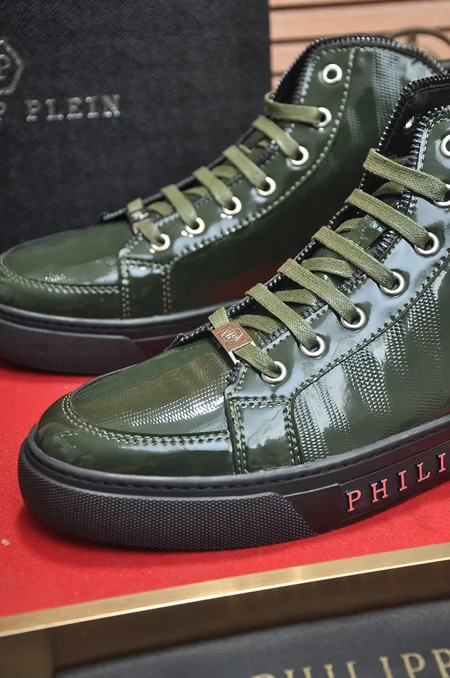 Philipp Plein হাই টপ স্নিকার্স আর্মি গ্রিন কালো গ্লসি প্যাটেন্ট লেদার লাইফস্টাইল স্নিকার্স 7