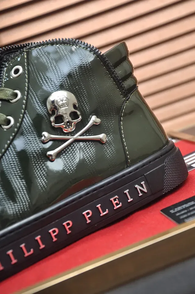 Philipp Plein হাই টপ স্নিকার্স আর্মি গ্রিন কালো গ্লসি প্যাটেন্ট লেদার লাইফস্টাইল স্নিকার্স 8