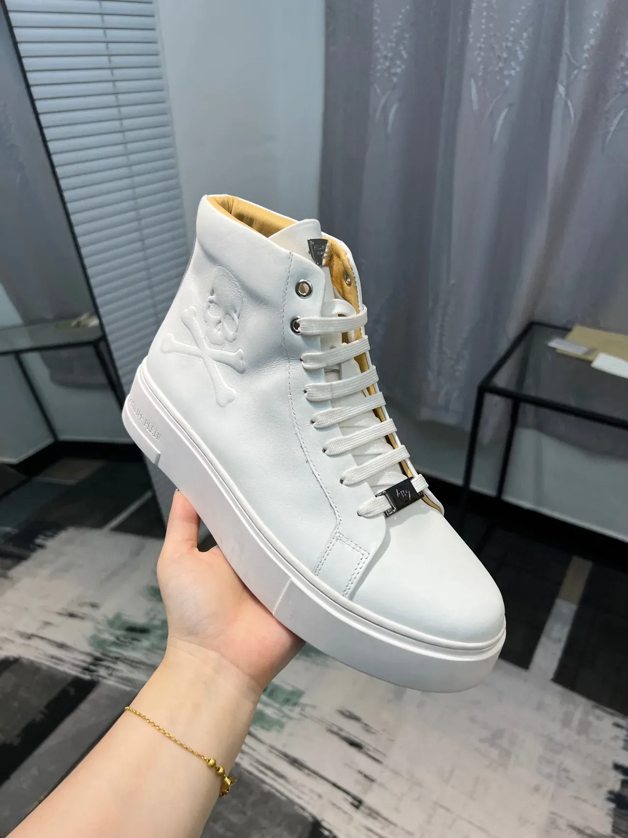Philipp Plein উচ্চ টপ সাদা হলুদ চামড়ার লাইফস্টাইল স্নিকার 6
