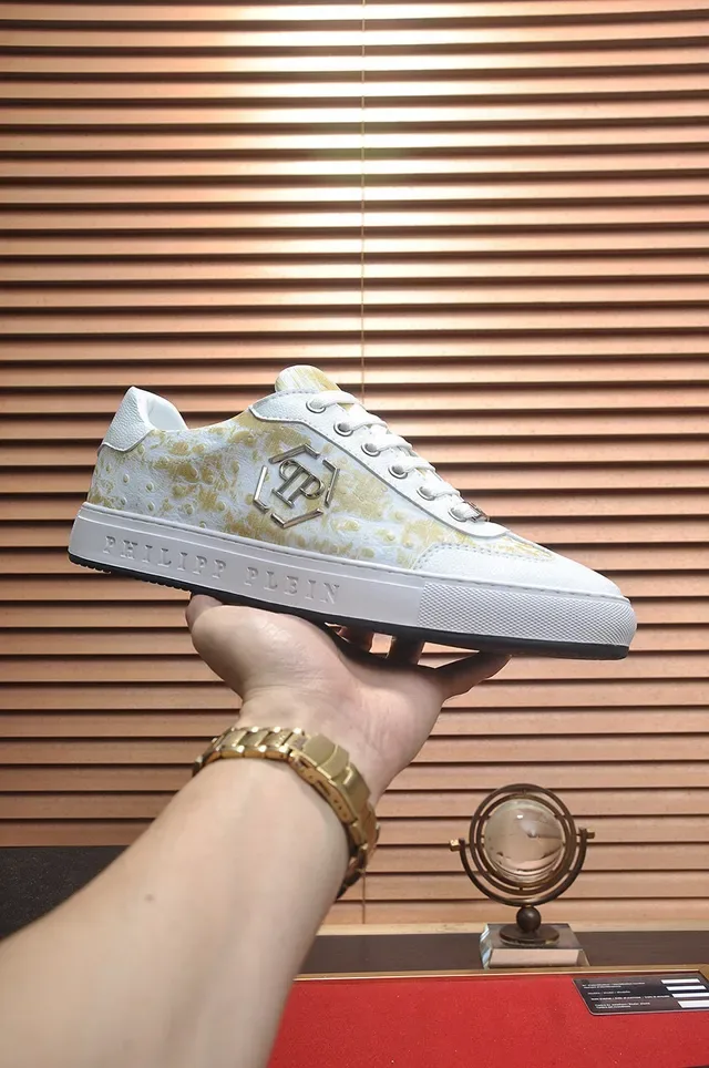 Philipp Plein حذاء أسلوب حياة أبيض ذهبي Low-Top جلدي علوي 2