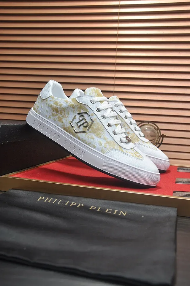 Philipp Plein حذاء أسلوب حياة أبيض ذهبي Low-Top جلدي علوي 4