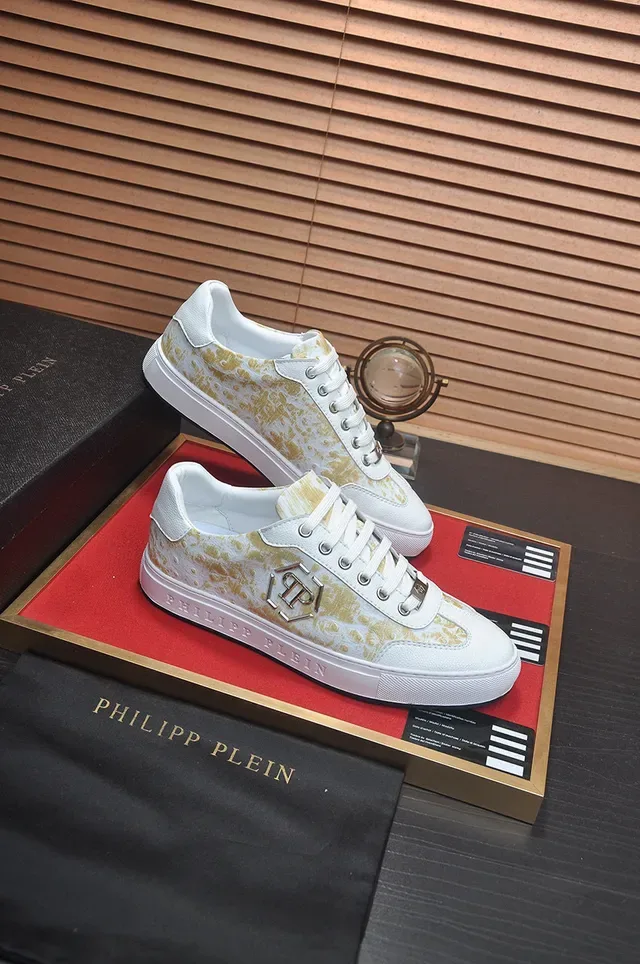 Philipp Plein حذاء أسلوب حياة أبيض ذهبي Low-Top جلدي علوي 6