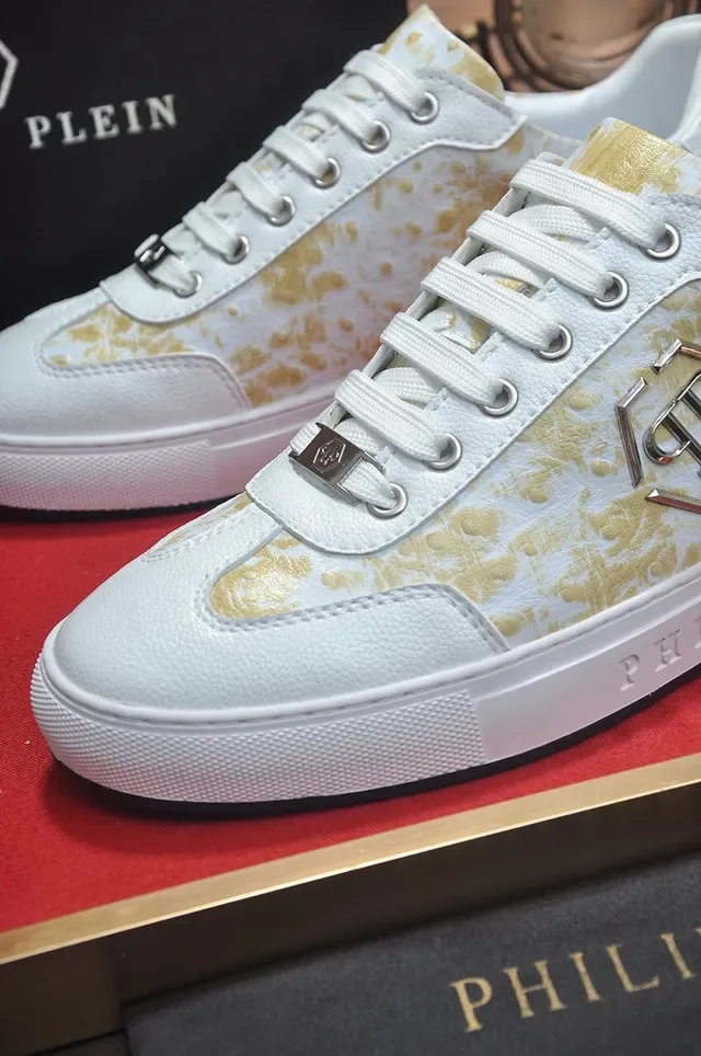 Philipp Plein حذاء أسلوب حياة أبيض ذهبي Low-Top جلدي علوي 8