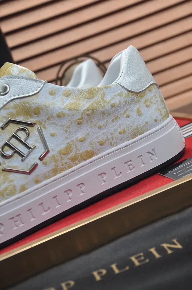 Philipp Plein حذاء أسلوب حياة أبيض ذهبي Low-Top جلدي علوي 9