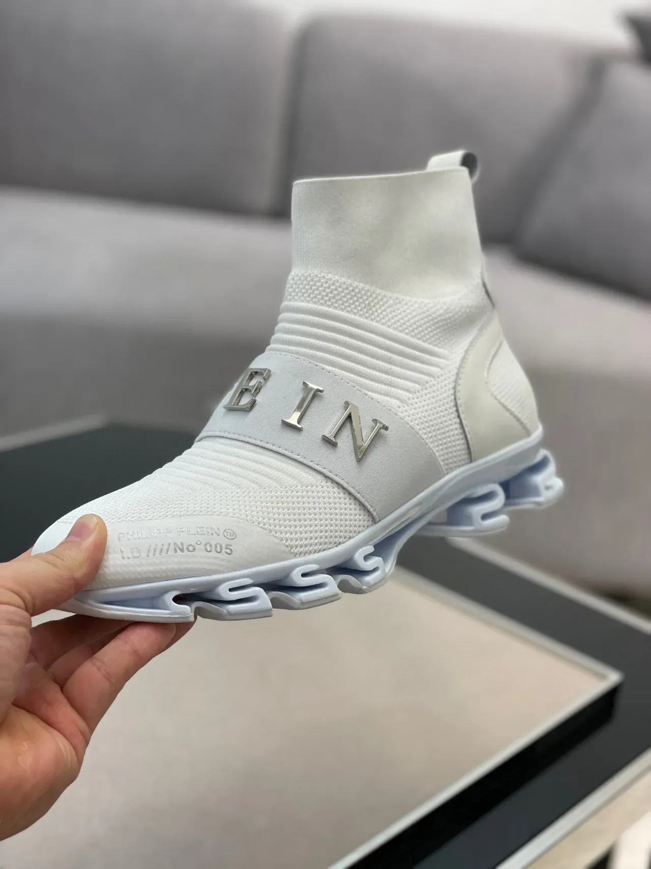 Philipp Plein 白灰色袜套贴合高帮针织罗纹领生活方式运动鞋 2